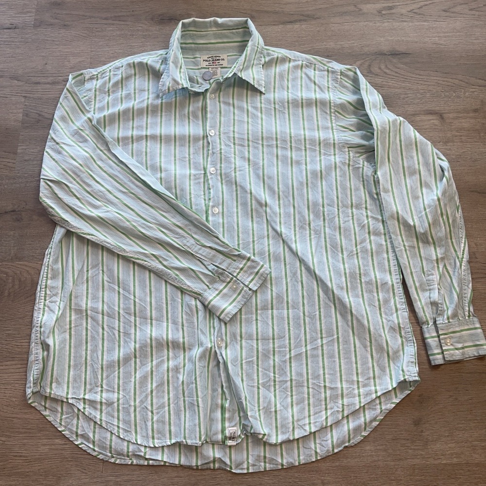 Ralph Lauren Polo Jeans Co Shirt Mens 1XT French Cuff Button Up L/S Green Blue